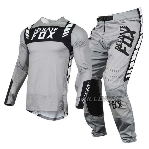 Delicato Fox Gear Set Motocross Jersey Pantaloni Enduro Combo MX BMX DH Dirt Bike Outfit ATV UTV Tuta fuoristrada Moto Cross Kit grigio