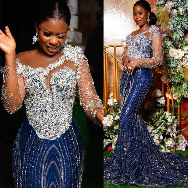 2024 Aso Ebi Navy Blue Promaid Prom Платье из бисера кристаллы