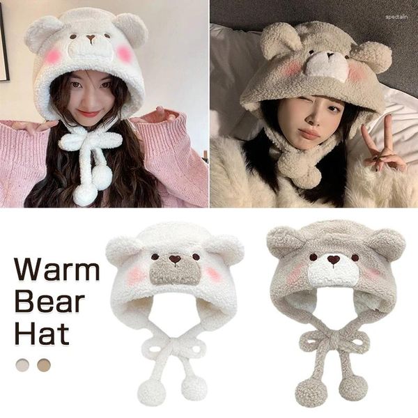 Berretti Furry Cute Blush Bear Cappello Bomber Cappelli Donna Soffici paraorecchie Autunno Inverno Berretto da cartone animato Addensare Accogliente cofano caldo