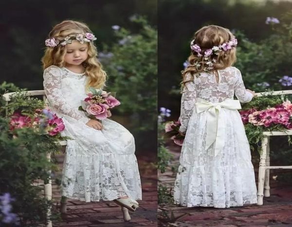 Платье для девочек-цветочниц с длинным рукавом в стиле бохо на свадьбу длиной до пола, кружевное платье для маленьких детей, платье для первого причастия, винтажное дешевое платье для девочек039 Pa3983617