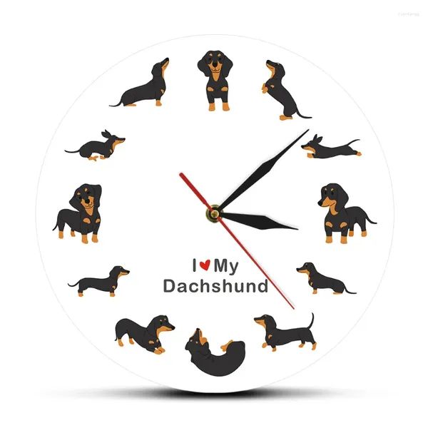 Wanduhren, süße Doxie-Cartoon-Stil, Dackel-Uhr, Hunderasse, Zeitmesser, Wurst, moderne Uhr mit Spruch „Ich liebe“.