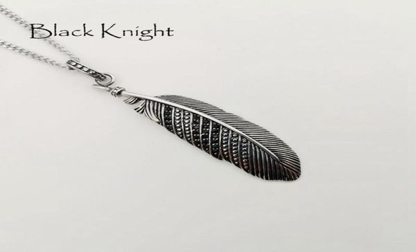 Black Knight Винтаж серебряного цвета Черные камни CZ Ожерелье с подвеской в виде перьев Мужское шикарное ожерелье из нержавеющей стали с перьями BLKN07791648464