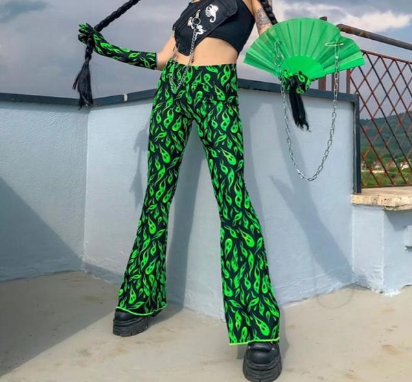 Schwarz Neon Grün Lange Hosen Mode Elastische Taille Flare Hosen 2020 Herbst Streetwear Grüne Flamme Druck Ausgestelltes Hosen Für Frauen 5831650