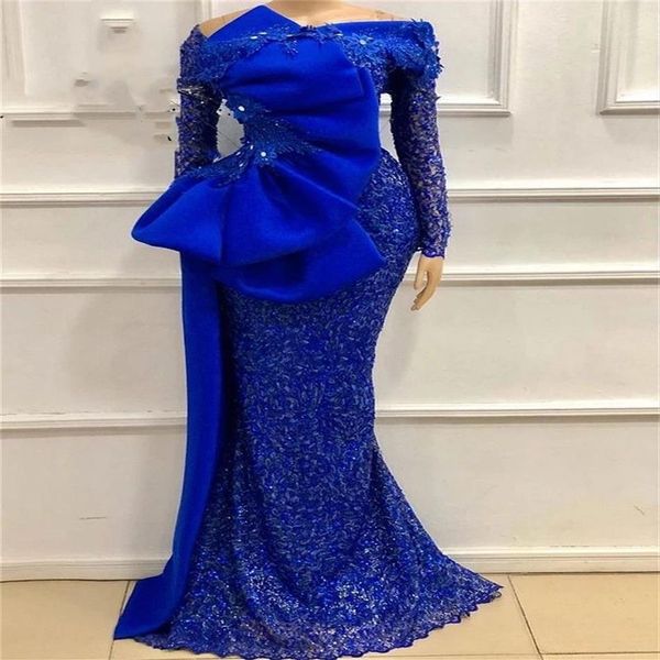 Aso Ebi Spitze Afrikanisches Königsblaues Abendkleid glitzernde Perlenschleife Meerjungfrau Nigeria Arabisch Langarm-Abschlussballkleid Robes332r