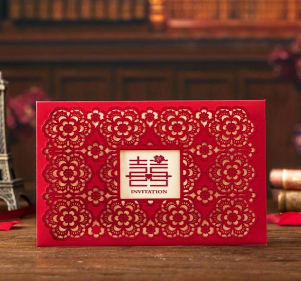 Cartão de convite de casamento tradicional chinês vermelho Xi com EnvelopeSeal 50 setlot Convites de festa de noiva com corte a laser para impressão 6327821