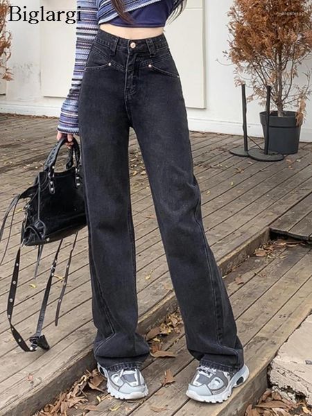 Jeans da donna Pantaloni in peluche retrò a gamba larga lunga Pantaloni da donna casual stile coreano a pieghe larghi alla moda a vita alta