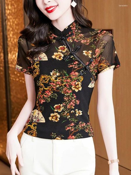 Mulheres camisetas 2024 verão vintage estilo chinês colarinho camisetas para mulheres de manga curta impressão flores camisa de fundo malha magro tops