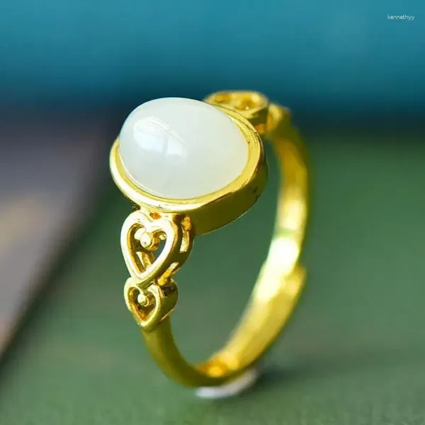 Clusterringe weiße Jade Ring Frauen Fein Schmuck Echtes Hetian Jades Nephrite Herz einstellbarer Natursteinschmuck Accessorie Accessorie