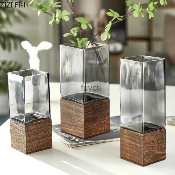 Vasi Creativo Vaso di vetro quadrato Base in legno Decorazione da scrivania Vasi floreali Idroponica Vasi di fiori Disposizione dei fiori Decorazioni per la casa moderne YQ240117