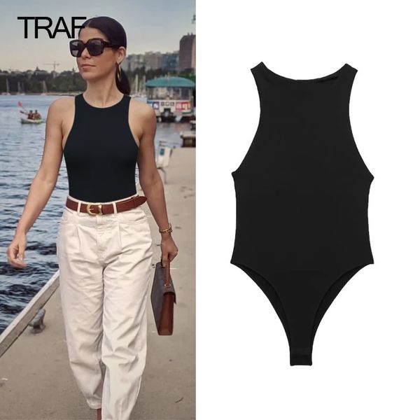 Traf bodysuit feminino uma peça tanga macacão mulher sem mangas preto branco verão feminino macacão curto 240116