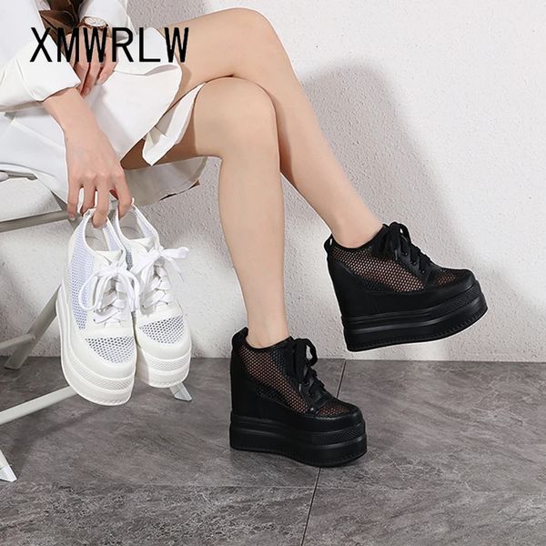 Xmwrlw malha respirável sapatos de plataforma feminina verão salto alto 15cm tênis feminino branco preto sapatos verão tênis 240117