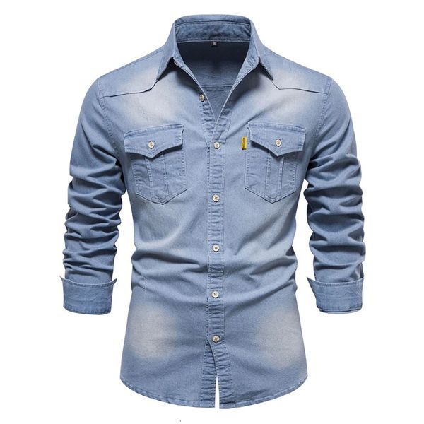 Primavera e outono moda masculina roupas 4 cores S-5XL95% algodão bolso camisa manga longa lapela único breasted casual denim camisa 240117