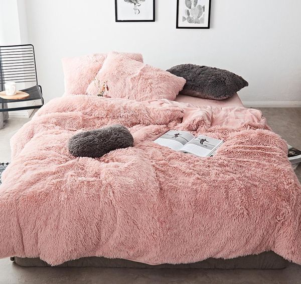 Fb1901001 tecido de lã branco rosa inverno grosso cor pura conjunto de cama vison veludo capa de edredão rei lençol roupa de cama fronha4742943