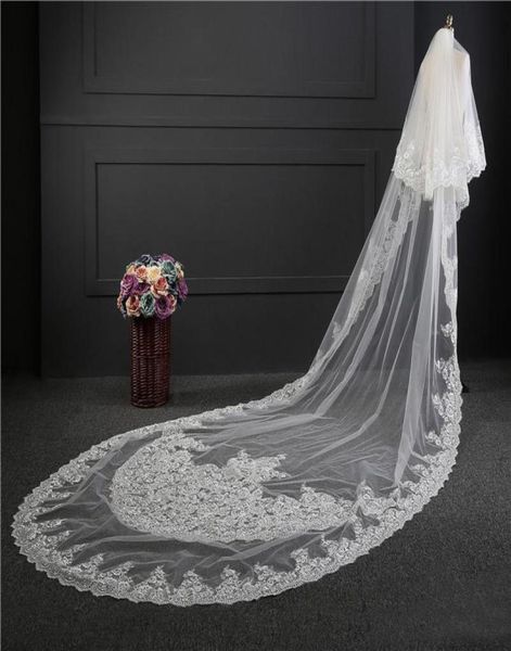 2017 Velo da sposa su misura Immagine reale Stupendo due strati Bianco Avorio 3 metri di lunghezza Applique in pizzo Tulle Cattedrale Veli da sposa6801143