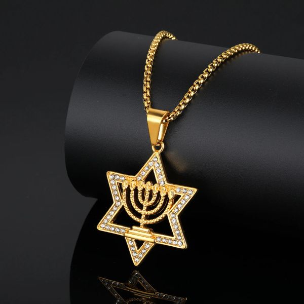 Hip Hop Davidstern-Anhänger-Halskette, goldene Farbe, 14 Karat Gelbgold, Hexagramm-Halskette für Männer und Frauen, Israel, hebräisches Judentum, Schmuck