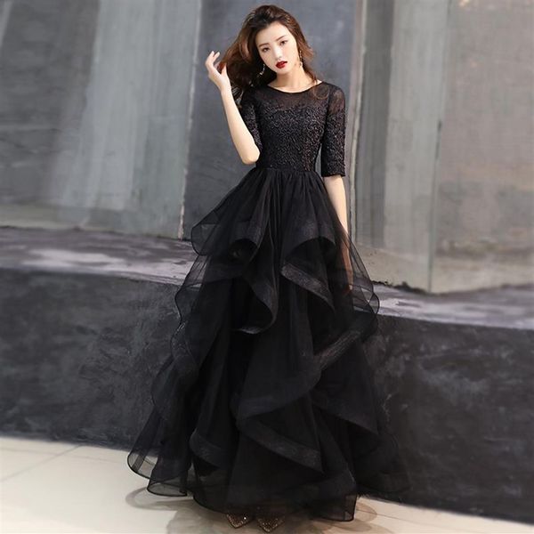 2021 preto renda tule longo modesto vestidos de baile com meia 1/2 mangas a linha até o chão babados saia adolescentes formal festa dress209n