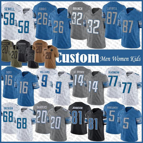 Camisa de futebol personalizada 14 Amon Ra St Brown Sam LaPorta David Montgomery Jared Goff Jahmyr Gibbs Brian Branch Jameson Williams Penei Sewell Dan Campbell Barry Sanders