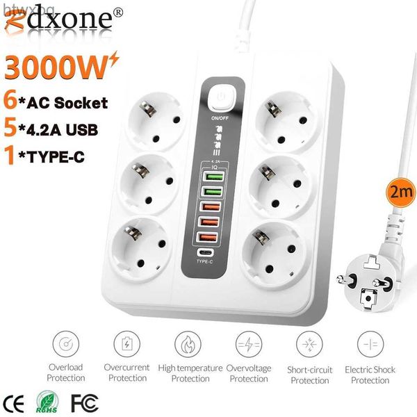 Plugue do cabo de alimentação 3000W UE Plug Strip Tomada USB Power Strip Adaptador de estação de carga USB 6 tomadas AC Power Strip com soquete de extensão de interruptor YQ240117