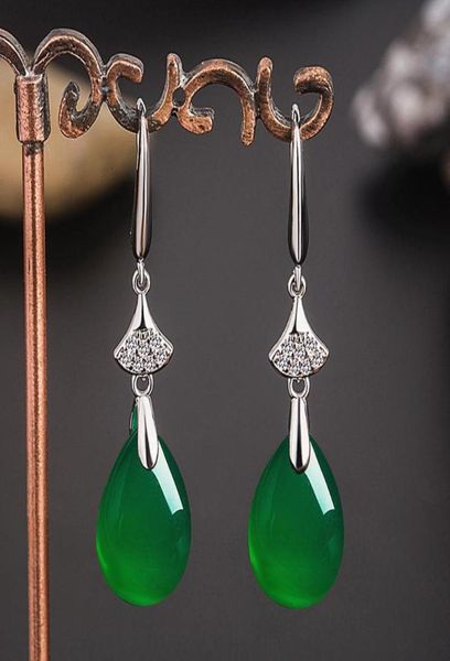 Vintage grüne Jade Smaragd Edelsteine Zirkon Diamanten Tropfenohrringe für Frauen Weißgold Silber Farbe Schmuck Bijoux Brincos Geschenk 4404322