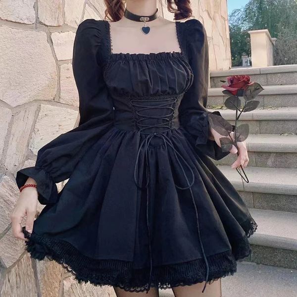 Lange Ärmel Lolita Schwarzes Kleid Goth Ästhetische Puffärmel Hohe Taille Vintage Bandage Spitzenbesatz Party Gothic Kleidung Frau 240117