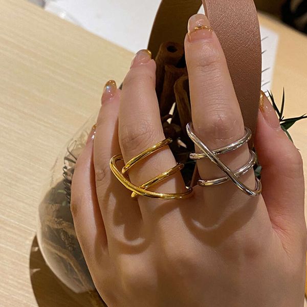 Latão, ouro genuíno, linhas galvanizadas, design personalizado, anel de dedo indicador multicamadas, nicho, estilo moderno e minimalista, anel feminino
