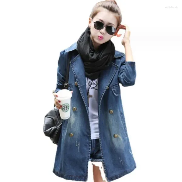 Damenjacken Jean-Jacke für Frauen 2024 Herbst Winter Mode mittlerer Länge lässig zweireihiger Gürtel Denim Trenchcoat Top