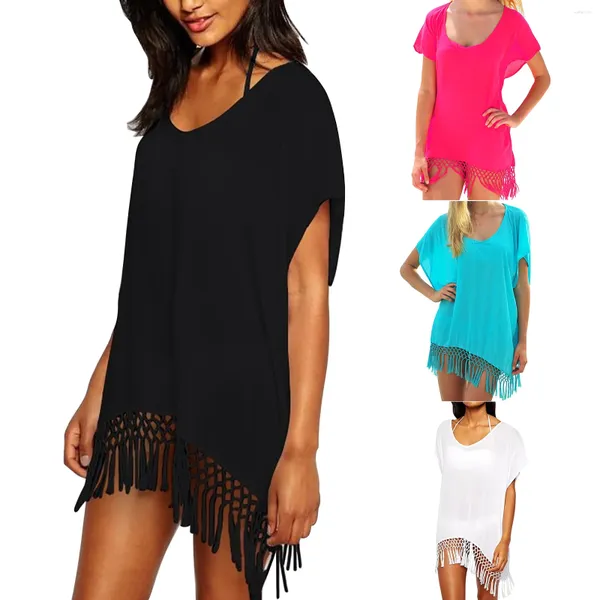 Mulheres Swimwear Sólido Cover Ups Borla Atada Chiffon Camisa Maiô Mulheres Soltas Manga Morcego Luxo Coverups Tops Primavera Verão Praia