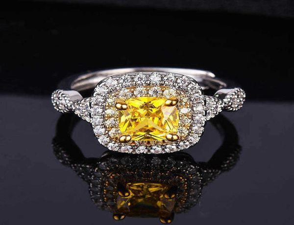 Anello di fidanzamento con diamante giallo simulato a forma di cuscino placcato con diamante giallo quadrato grasso in platino pt950 con apertura da donna039s R9686453