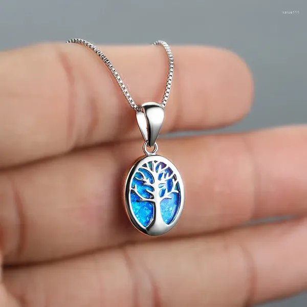 Anhänger Halsketten Blauer Opal Stein Halskette Geometrischer Baum des Lebens Vintage Silber Farbe Kette für Frauen Hochzeit Schmuck