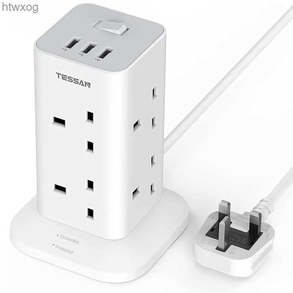 Spina per cavo di alimentazione TESSAN Tower Multipresa Presa verticale UK Prese elettriche Prese elettriche multiple CA a 8 vie con 3 dispositivi di protezione da sovratensione USB Cavo da 2 m YQ240117