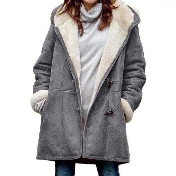 Giubbotti da donna Cappotto Solido Mucca Fibbia Tasche della giacca Colore Corno Foderato in pile Cappotto con cappuccio Capispalla femminile Inverno Thicke