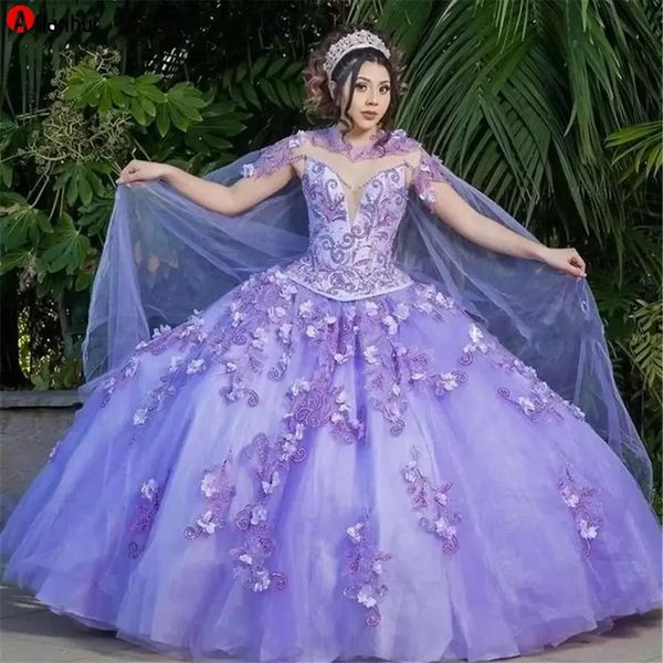 Zarif açık mor lavanta quinceanera elbiseler Cape dantel aplike boncuklu korse vestido de 15 anos kabarık etek tatlı 16 d316t