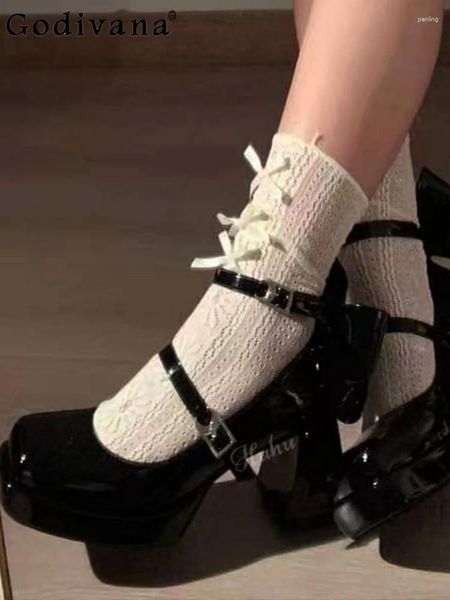 Scarpe eleganti Moda di fascia alta Y2K Punta quadrata Tacco alto Donna Primavera e autunno Ragazza Punk Lolita Fibbia con fiocco Tacchi alti