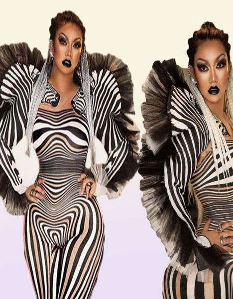 Moda zebra desen tulum kadın şarkıcı seksi sahne kıyafeti bar ds dans cosplay bodysuit performans gösterisi kostüm 2203228206290