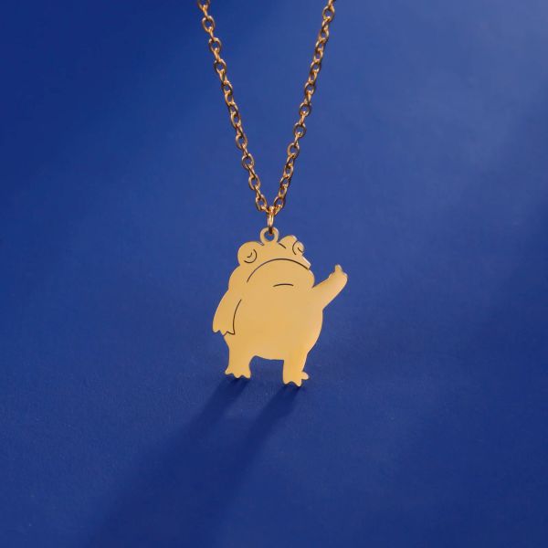 Collana con ciondolo a forma di rana con dito medio hip-hop per uomo e donna, regalo di gioielli con ciondolo animale divertente in oro giallo 14 carati