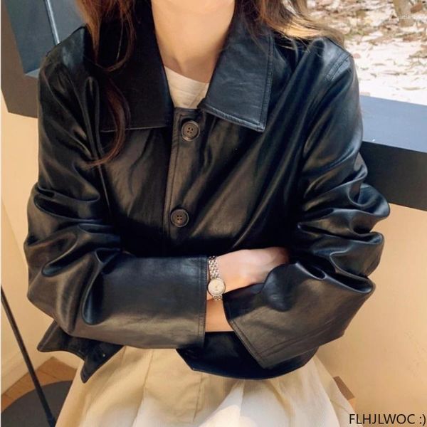Kadın Ceketleri Seksi Kısa Katlar Dış Giyim Yüksek Sokak Sevimli Moda Fransız Tasarım Düğmesi Katı Siyah Deri Pu Chic Kore