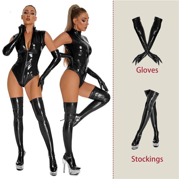 AIIOU Lingerie erotica Effetto bagnato Catsuit in pelle sintetica Donna Cerniera sexy con apertura sul cavallo Body Abiti sessuali Padrona Costumi porno 240117