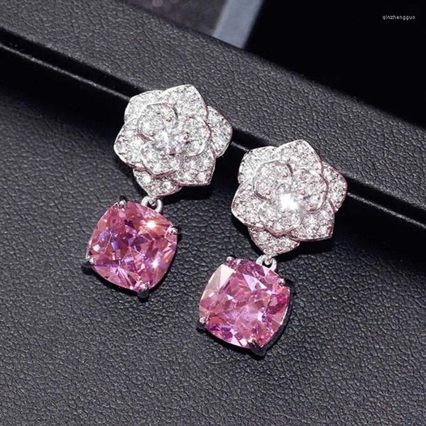 Orecchini pendenti Moda squisito zircone Camelie Stud donna strass lucido fiori di cristallo rosa orecchino gioielli per le donne 2024