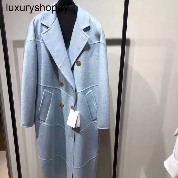 Designer Maxmaras Kaschmirmantel Damen Wollmäntel Ms Stangno Doppelseitig Yuan Quan Gleicher Stil 2024 Autumnwinter Water Ripple High End Long Blue