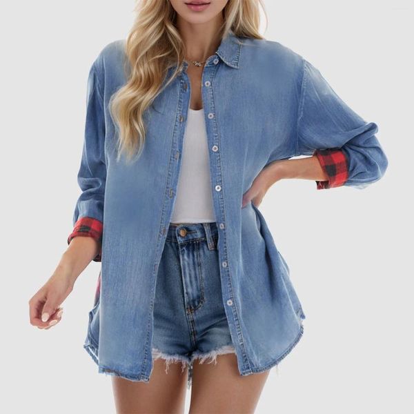 Blusas femininas 2024 primavera mulheres denim blusa senhora do escritório moda casual camisas de manga longa xadrez emenda projetado topos irregulares