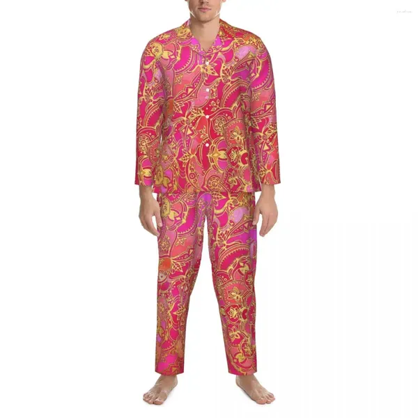 Мужская пижама золотого цвета в стиле барокко, пижамный комплект с цветочным принтом, осенний ретро-цветочный домашний мужской комплект из 2 предметов, повседневная ночная рубашка большого размера с рисунком, подарок на день рождения