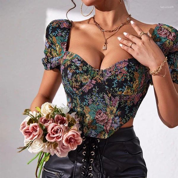 Mulheres Camisetas Estilo Francês Puff Mangas Corset Top Sexy Backless Fishbone Bustier Tanque Mulheres Vintage Flor Irregular Camisole Streetwear