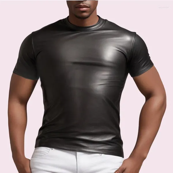 T-shirt da uomo Sexy T-shirt in pelle PU opaca Canottiera elasticizzata Canottiera in lattice Clubwear Costume di scena Muscle Tight Top 2024