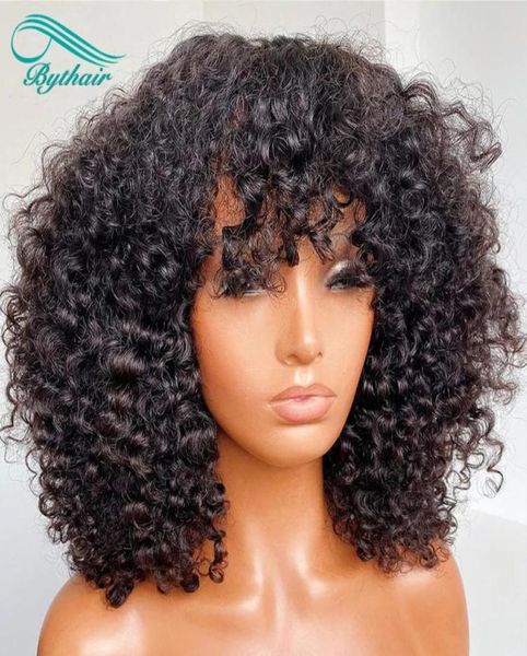 Bythair 200 densidade perucas de cabelo humano com franja couro cabeludo superior completa máquina feita peruca virgem brasileiro curto encaracolado peruca para women8189569