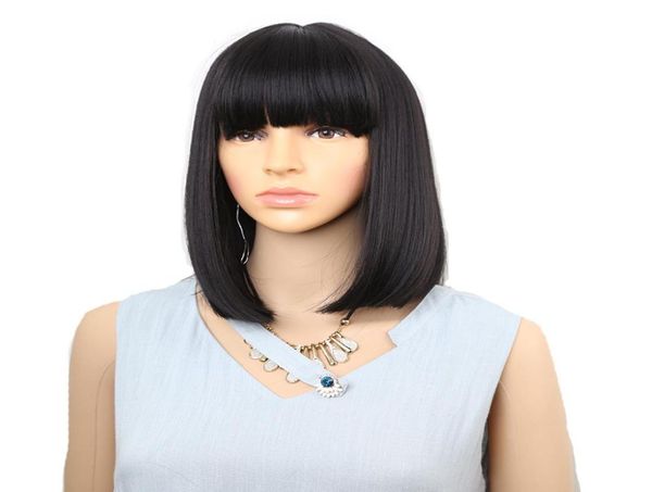 Perucas sintéticas pretas retas com franja para mulheres comprimento médio cabelo bob peruca resistente ao calor bobo penteado cosplay wigs9223740