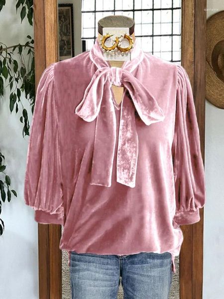 Blusas femininas de veludo com mangas bufantes, decote com nó, manga flare rosa, gola redonda vintage para roupas de primavera e outono