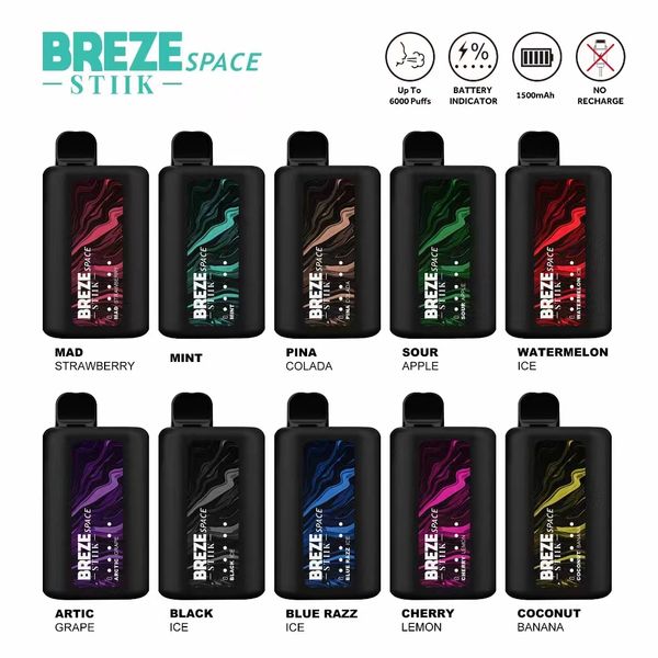 100 % Original Breze Stiik 6000 Züge, Einweg-Einwegkapseln für elektrische Zigaretten, 10 ml Ejuice, nachgefüllt, LED-Anzeige, 950 mAh, wiederaufladbare RGB-Einwegkapseln, Vapes