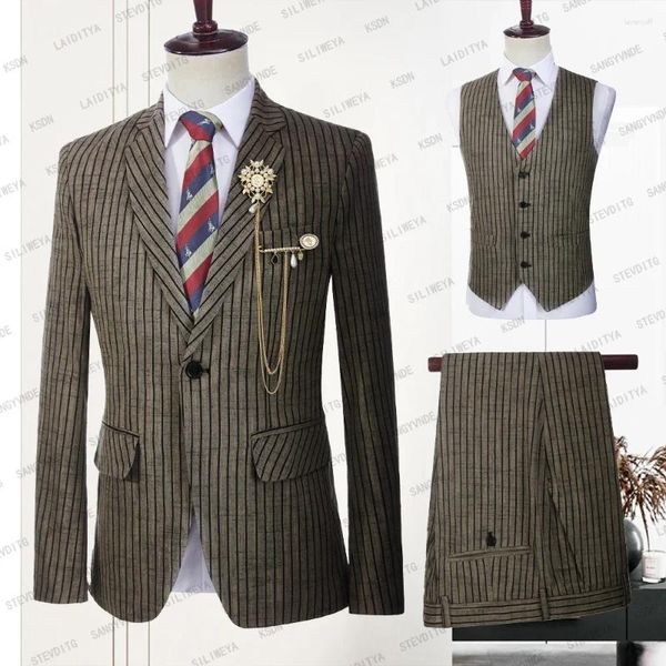 Herrenanzüge, braun gestreift, 3-teiliges Set für Herren, formeller Revers-Blazer, modisch, Business-Casual, Hochzeit, Smoking (Jacke, Weste, Hose)