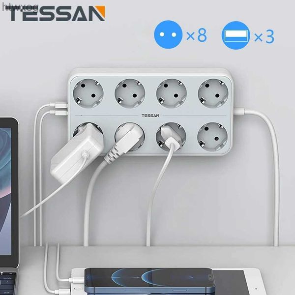 Spina per cavo di alimentazione TESSAN Multipresa multipresa Spina EU KR Prese multiple montabili a parete 11 in 1 con 8 prese 3 porte USB Cavo di prolunga 2M YQ240117