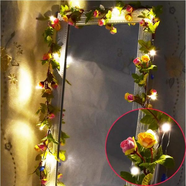 2pcs 30led 2m yapay çiçek çelenk gül asma peri ip ışıkları, Valentine's Wedding Party Bahçe Dekoru 240117